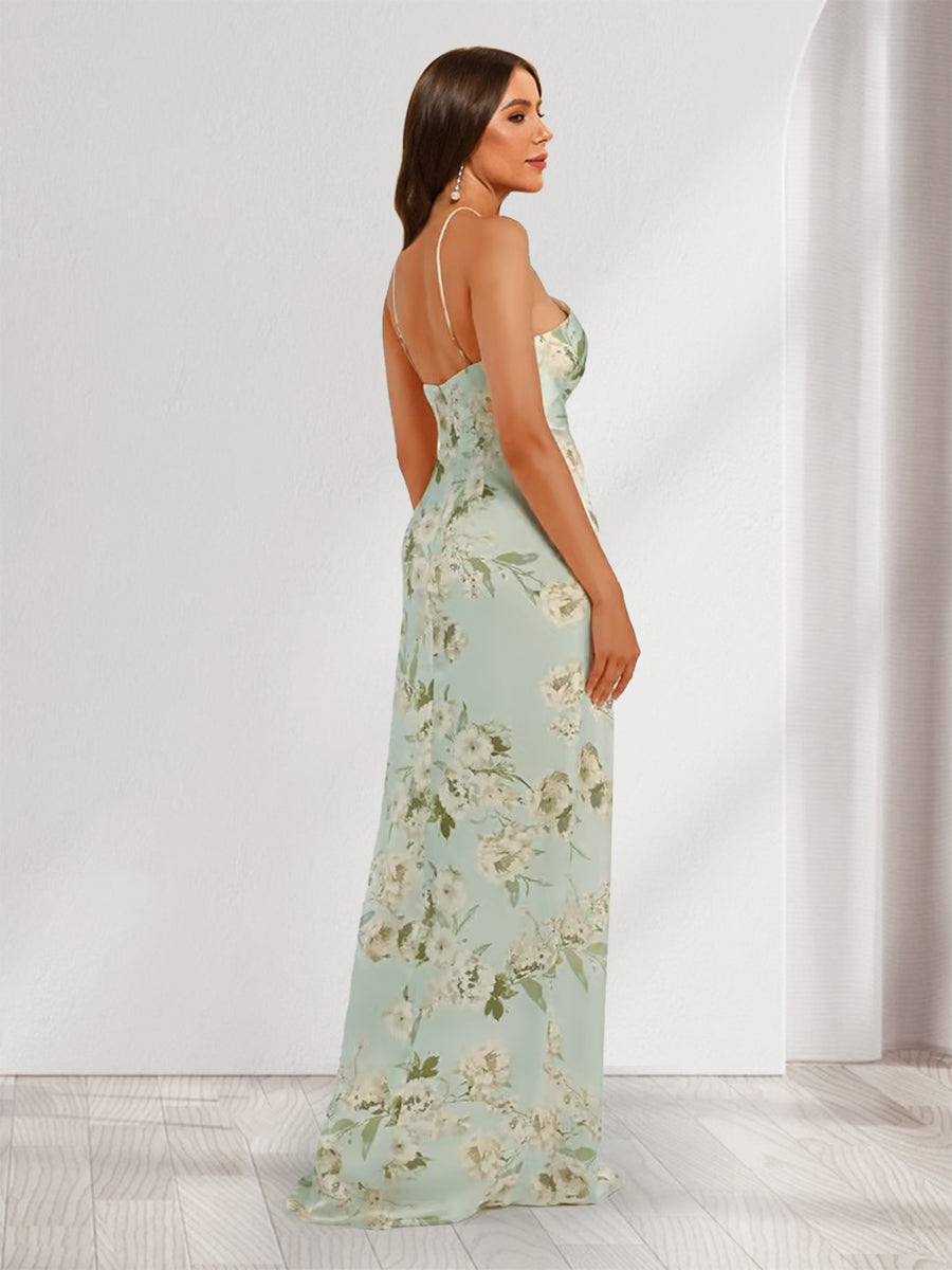 Sheath Column Unique Halter Printed Floral Bridesmaid Dresses with Split Side