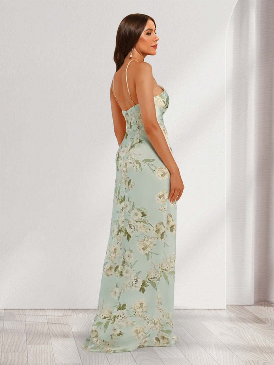 Sheath Column Unique Halter Printed Floral Bridesmaid Dresses with Split Side