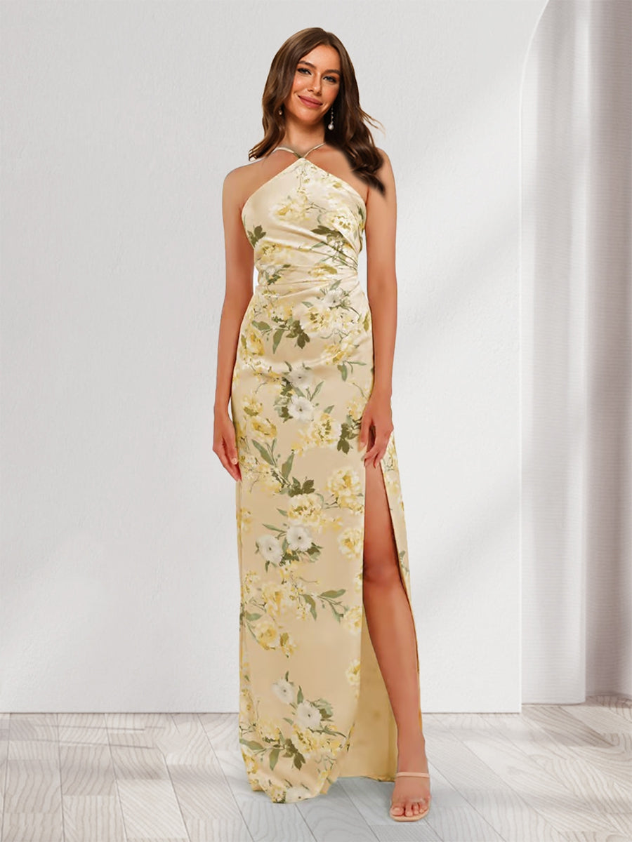 Sheath Column Unique Halter Printed Floral Bridesmaid Dresses with Split Side