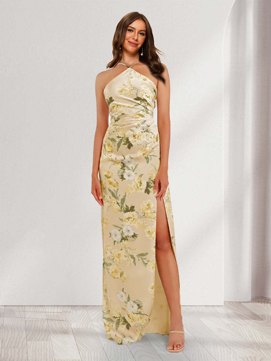 Sheath Column Unique Halter Printed Floral Bridesmaid Dresses with Split Side