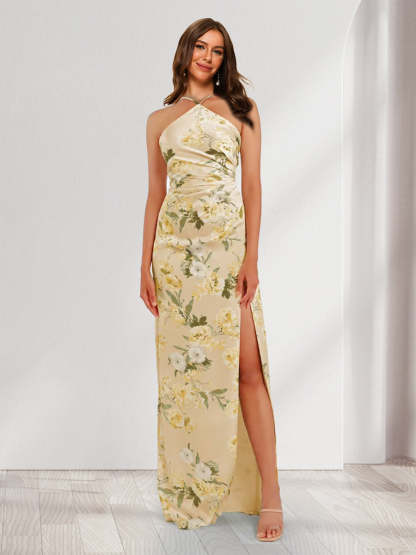 Sheath Column Unique Halter Printed Floral Bridesmaid Dresses with Split Side