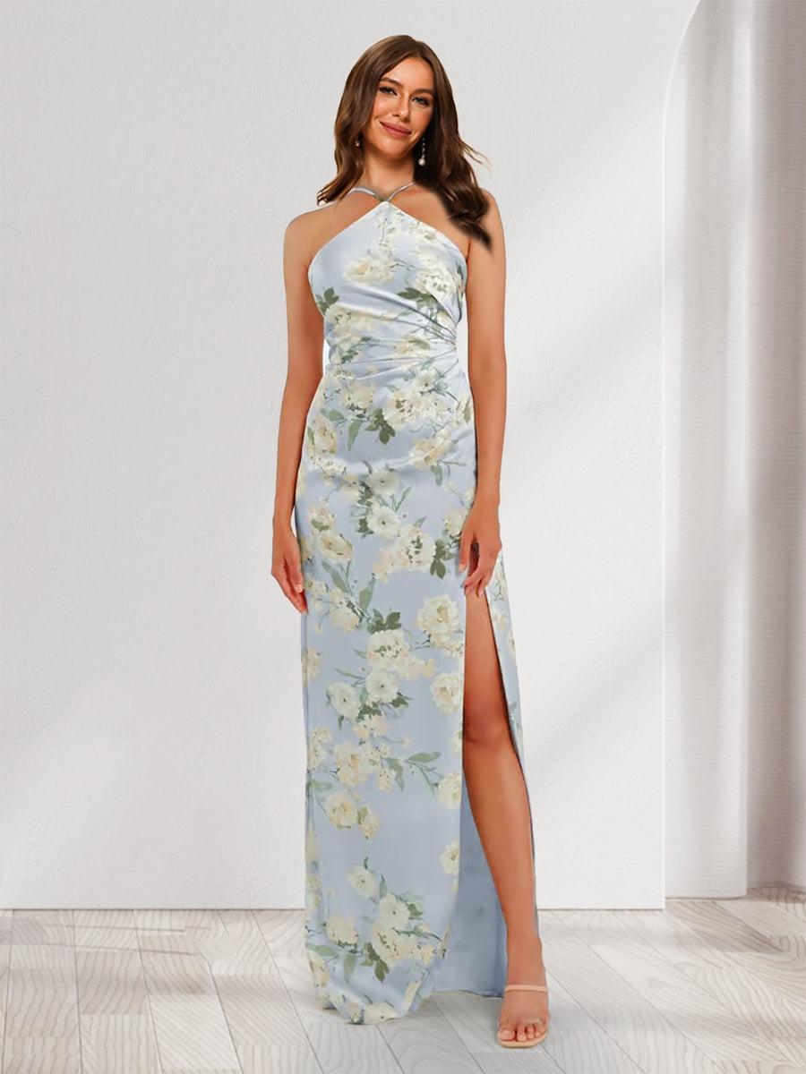 Sheath Column Unique Halter Printed Floral Bridesmaid Dresses with Split Side
