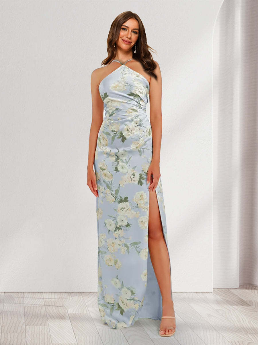 Sheath Column Unique Halter Printed Floral Bridesmaid Dresses with Split Side