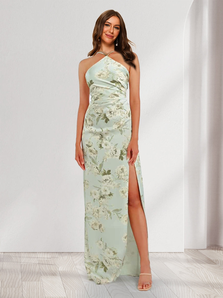 Sheath Column Unique Halter Printed Floral Bridesmaid Dresses with Split Side