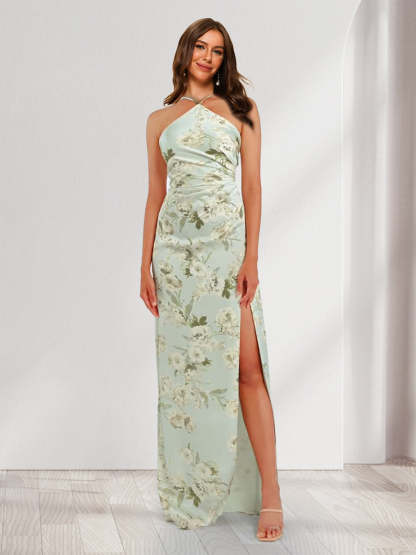 Sheath Column Unique Halter Printed Floral Bridesmaid Dresses with Split Side