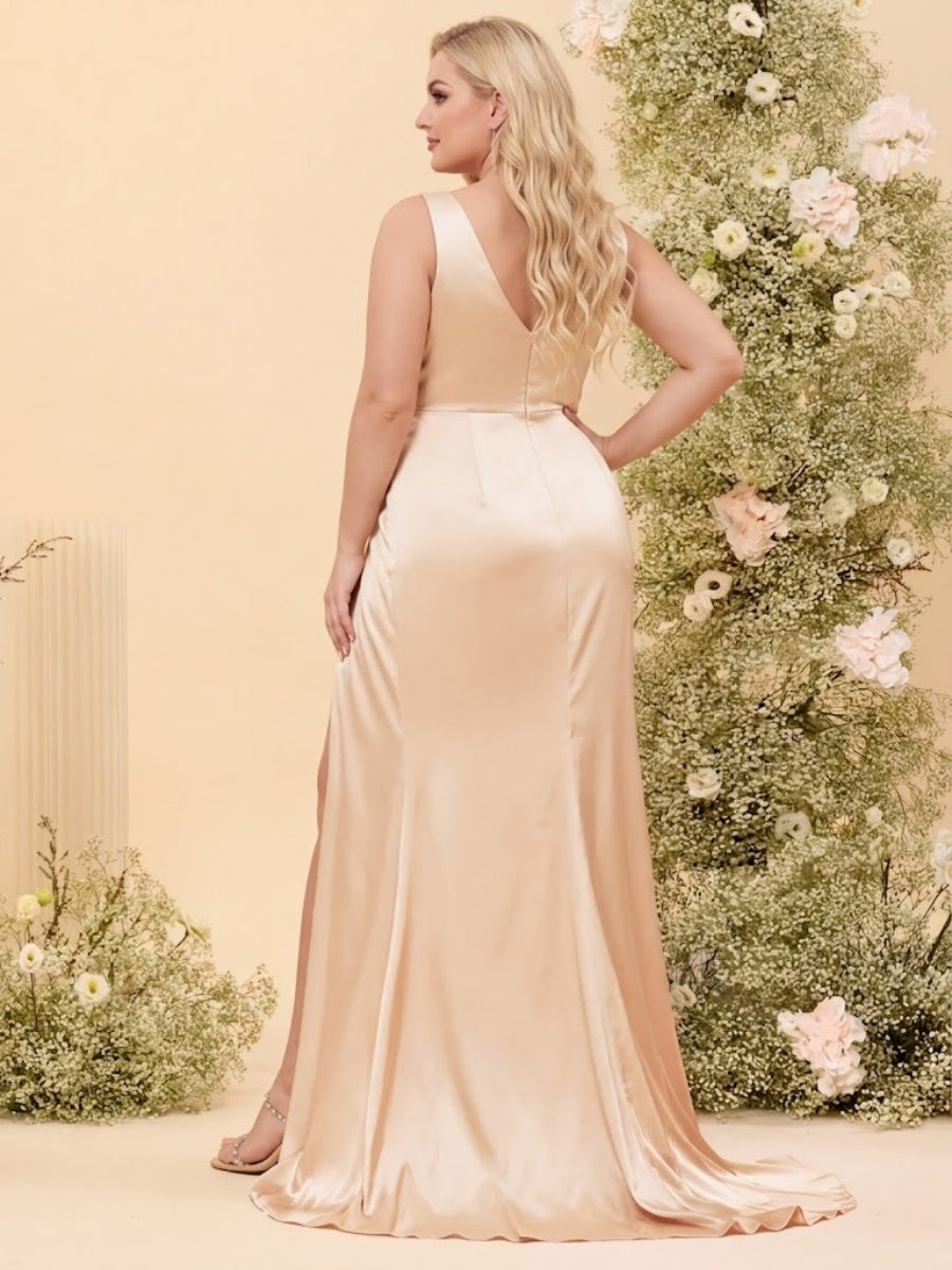 Sheath/Column V-Neck Long Formal Plus Size Dresses with Split Side & Ruched