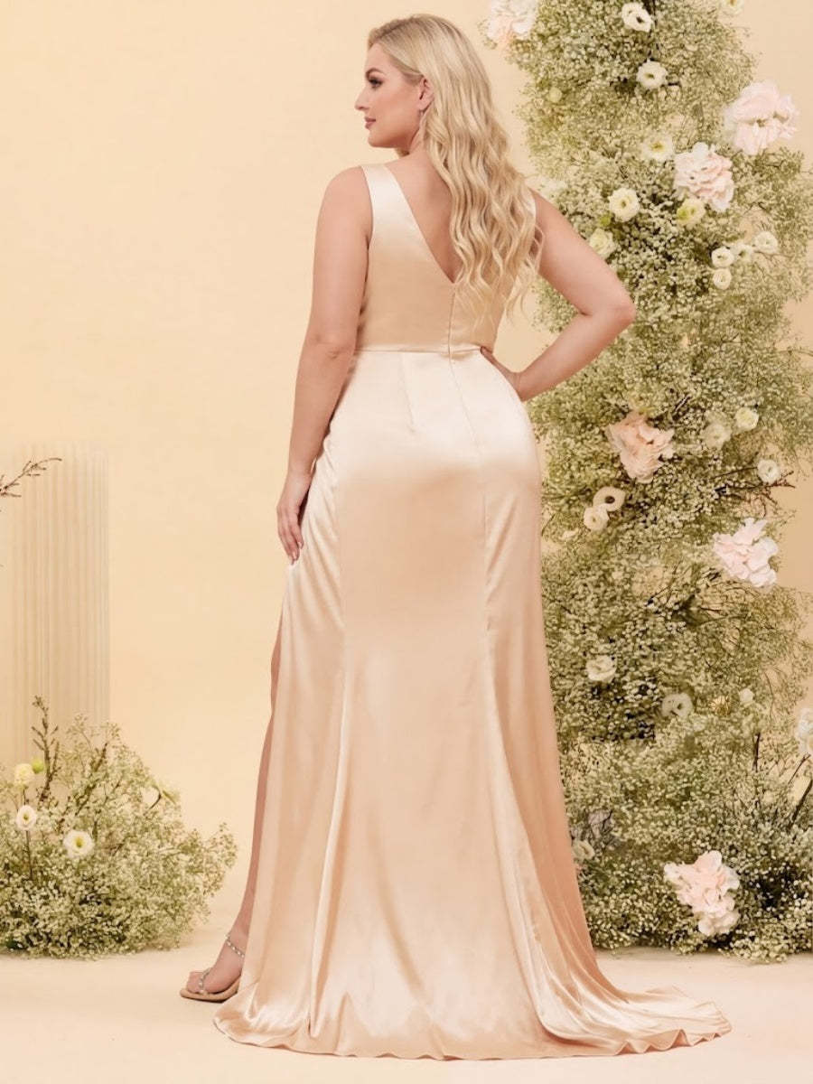 Sheath/Column V-Neck Long Formal Plus Size Dresses with Split Side & Ruched