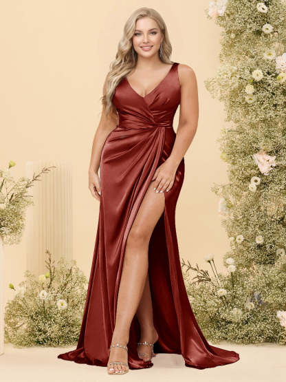 Sheath/Column V-Neck Long Formal Plus Size Dresses with Split Side & Ruched