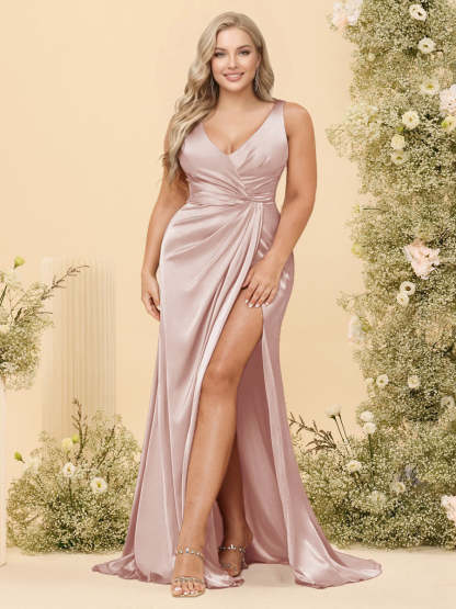 Sheath/Column V-Neck Long Formal Plus Size Dresses with Split Side & Ruched
