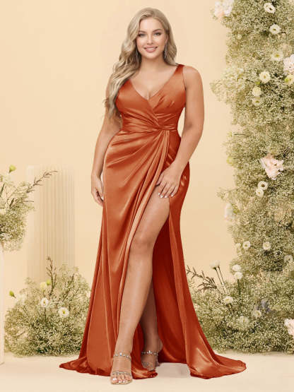 Sheath/Column V-Neck Long Formal Plus Size Dresses with Split Side & Ruched