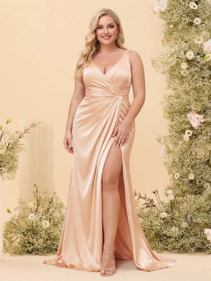 Sheath/Column V-Neck Long Formal Plus Size Dresses with Split Side & Ruched
