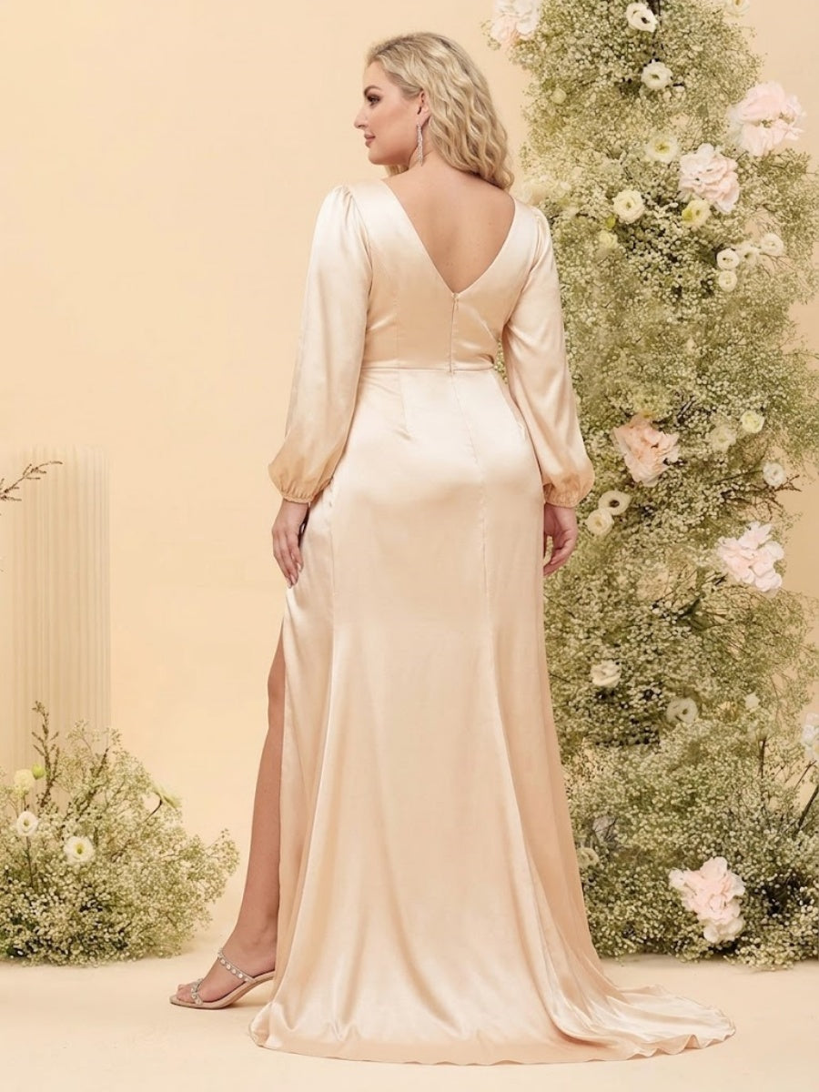 Sheath/Column V-Neck Long Sleeves Formal Plus Size Dresses with Split Side & Ruched