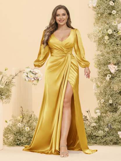 Sheath/Column V-Neck Long Sleeves Formal Plus Size Dresses with Split Side & Ruched