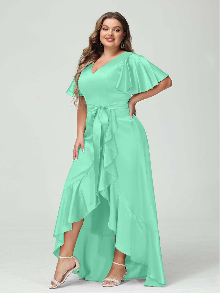 Sheath/Column V-Neck Short Sleeves Ruffles Asymmetrical Plus Size Dresses with Pockets & Sash