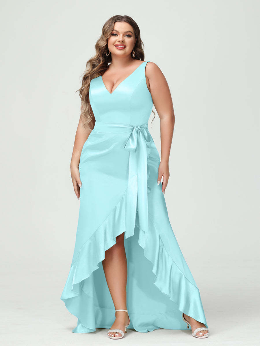 Sheath/Column V-Neck Sleeveless Ruffles High Low Plus Size Dresses with Pockets & Sash