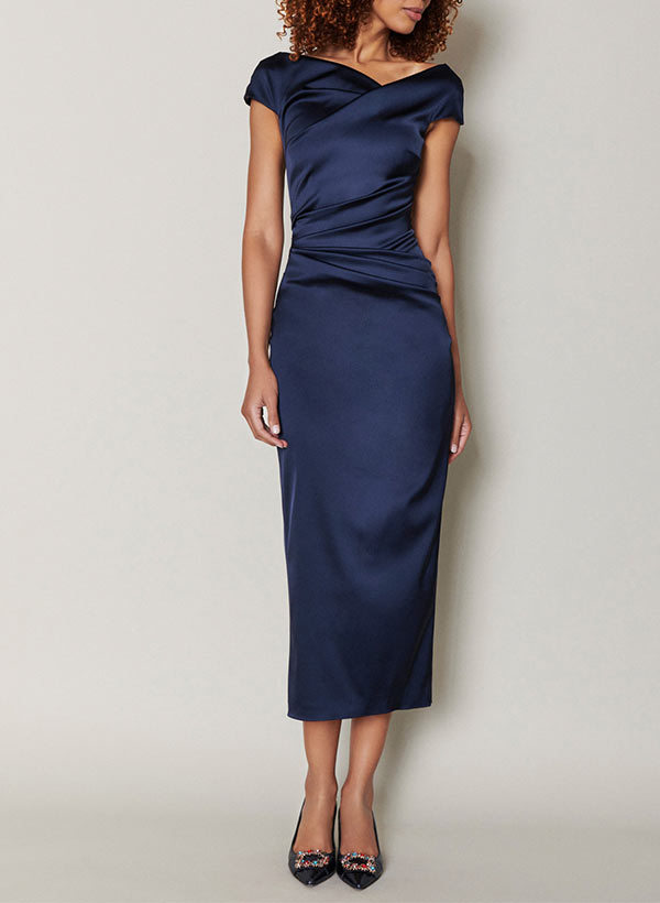 Short Sleeve Tea-Length Cowl Neck Sheath Dress with Ruffles for the Mother of the Bride-BMbridal