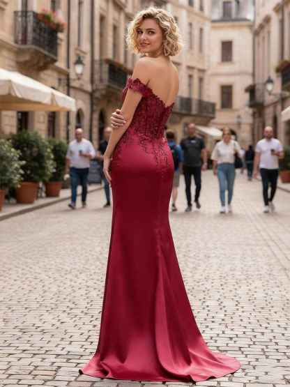 Sheath Off-The-Shoulder Appliques Lace Corset Prom Dress with Slit