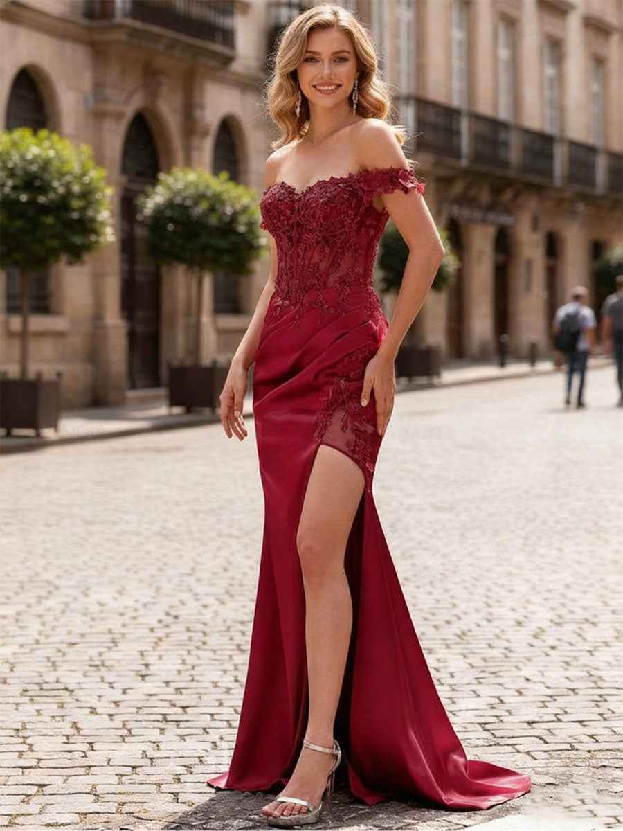 Sheath Off-The-Shoulder Appliques Lace Corset Prom Dress with Slit