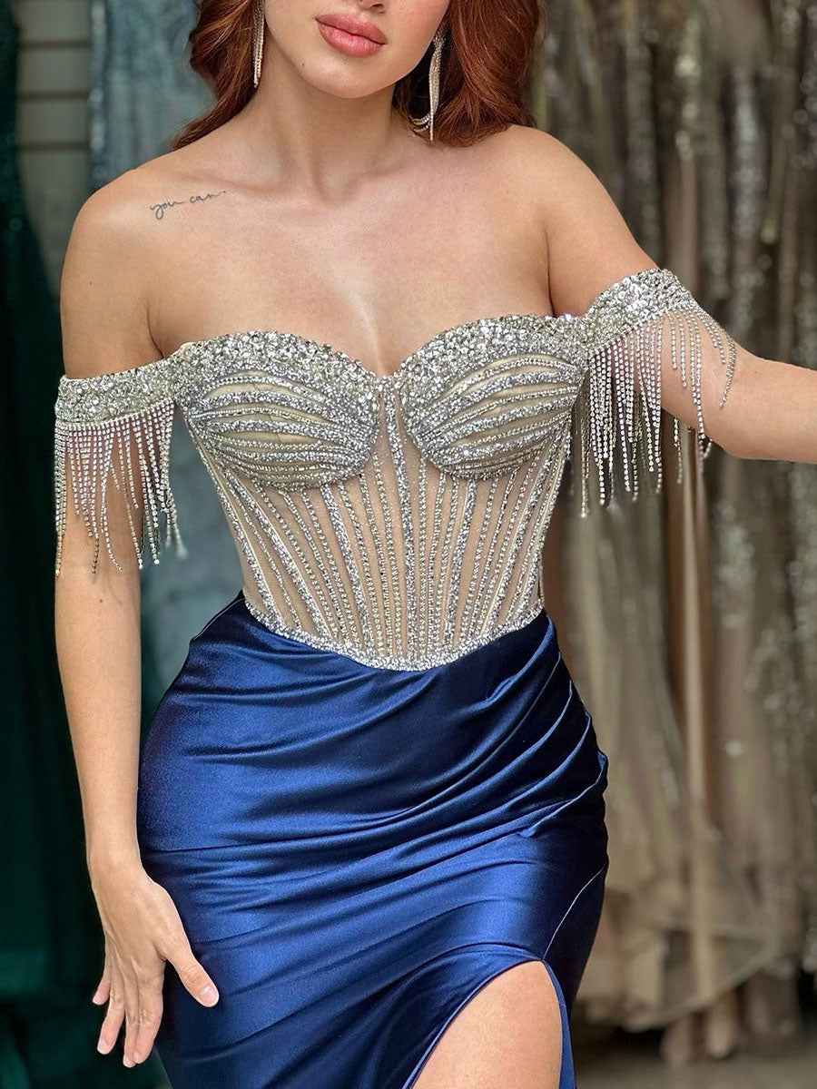 Sheath Off-the-Shoulder Rhinestone Satin Corset Long Prom Dress