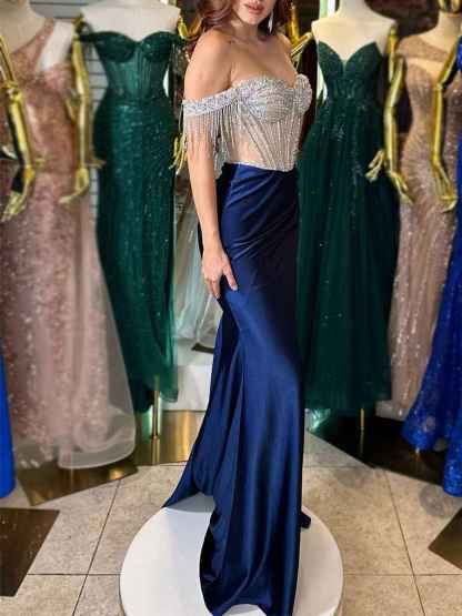 Sheath Off-the-Shoulder Rhinestone Satin Corset Long Prom Dress