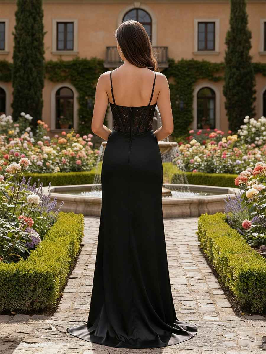 Sheath Spaghetti Straps Pleated Corset Long Prom Dress