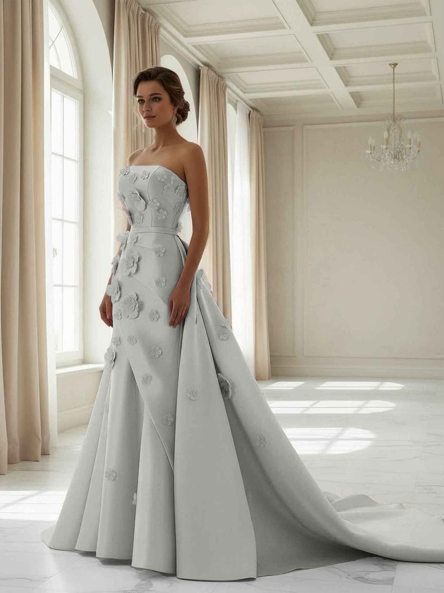 Pink A Line Satin Strapless Prom Dress with 3D Floral Appliques