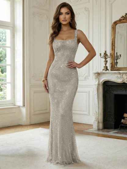 Crystal-Embellished Mermaid Long Prom Dress with Square Neckline