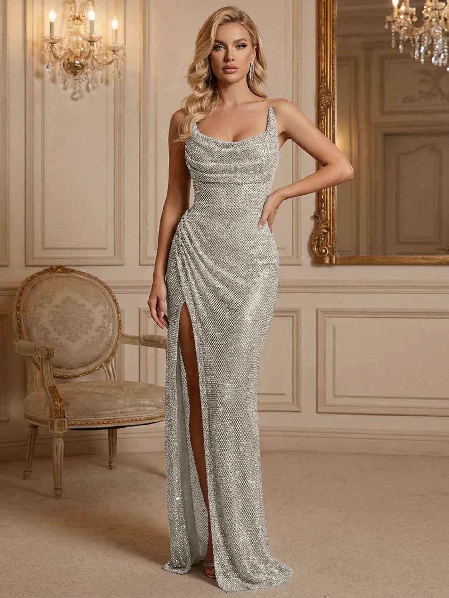 Silver Sequin Cowl Neck Ruched Long Prom Dress with High Slit