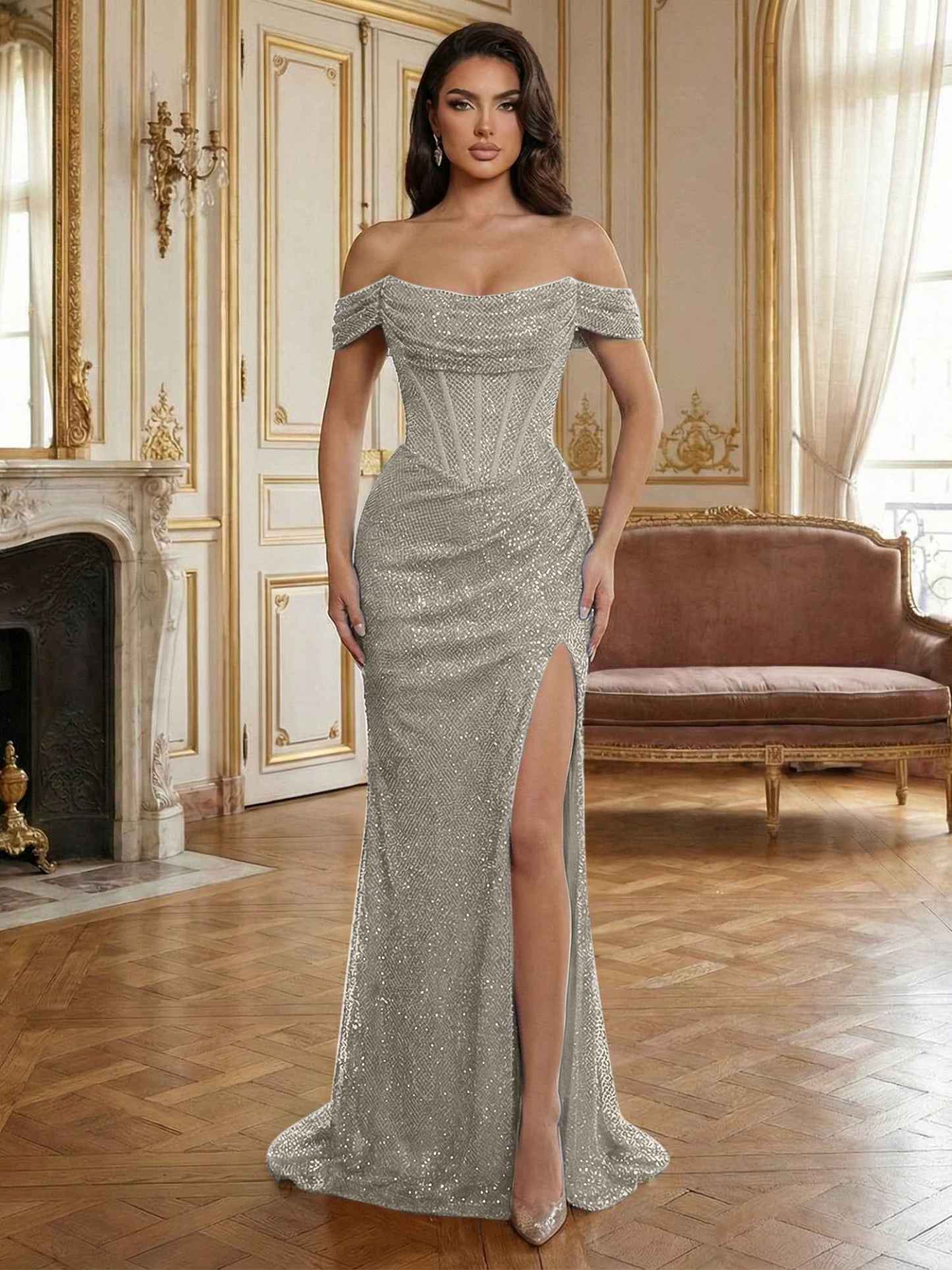 Sequin Off-the-Shoulder Corset Bodice Long Prom Dress with Slit