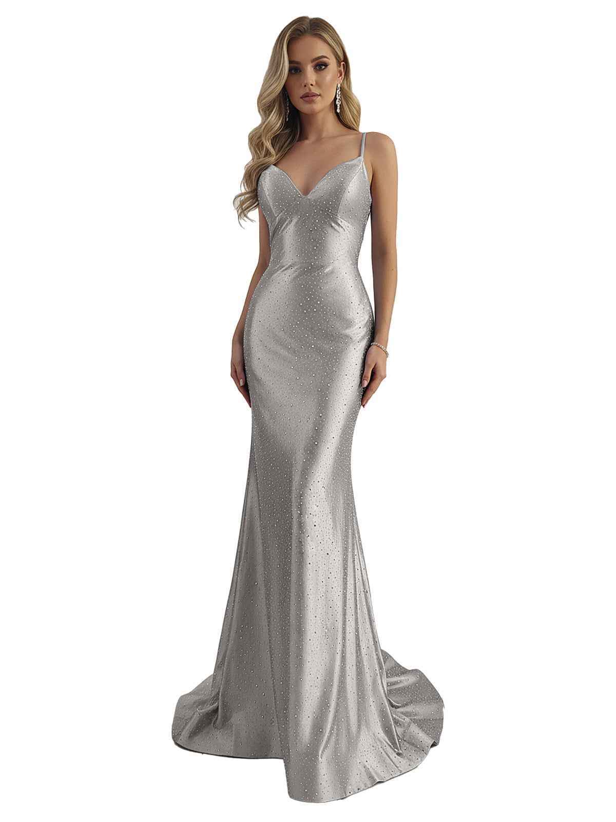 Blue Mermaid Spaghetti Straps V-Neck Rhinestone Long Prom Dress