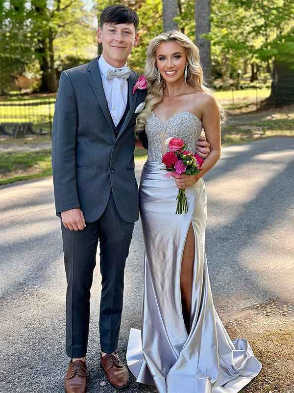 Burgundy Mermaid Sweetheart Applique Ruched Prom Dress with Slit