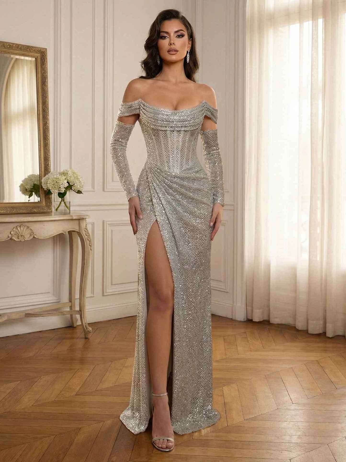 Silver Sequin Off-the-Shoulder Long Sleeves Corset Prom Dress with Slit