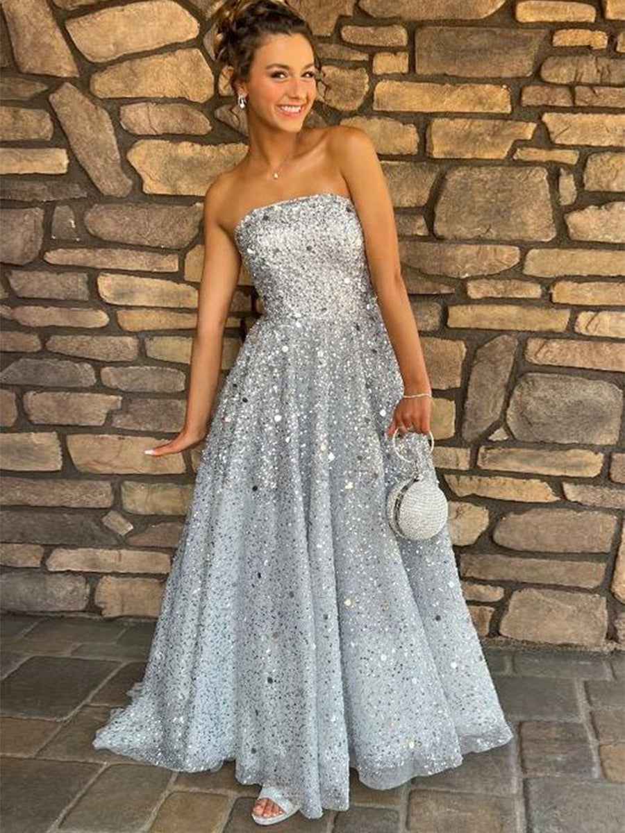 Silver Strapless A-Line All-Over Confetti Sequin Sparkle Prom Dress
