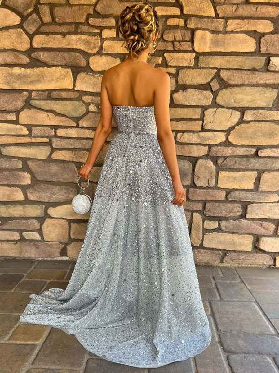 Silver Strapless A-Line All-Over Confetti Sequin Sparkle Prom Dress