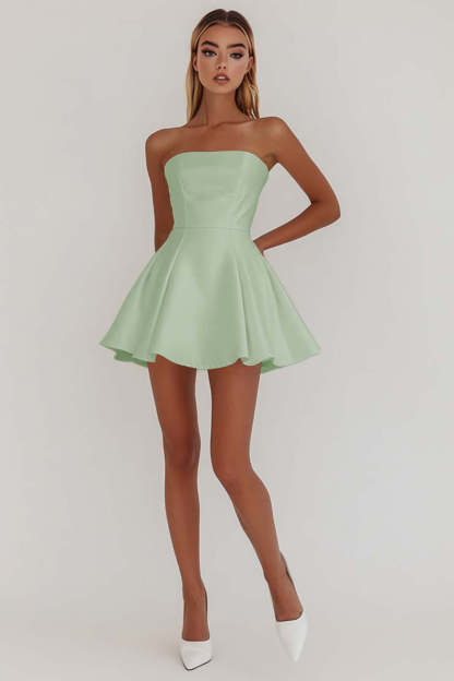 Simple White A Line Strapless Mini Satin Cocktail Dress