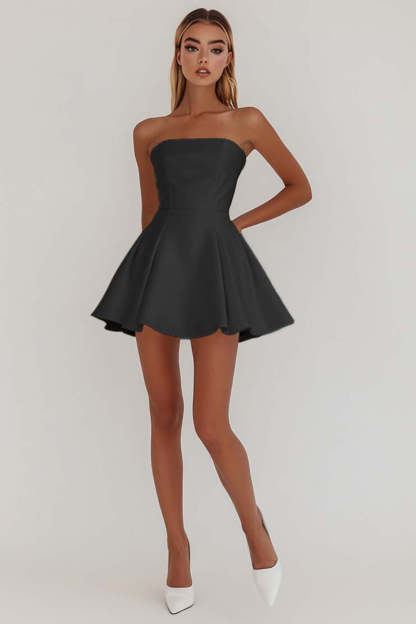 Simple White A Line Strapless Mini Satin Cocktail Dress