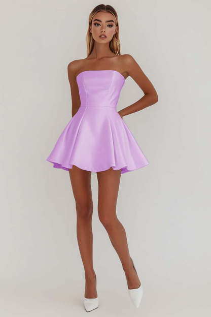 Simple White A Line Strapless Mini Satin Cocktail Dress