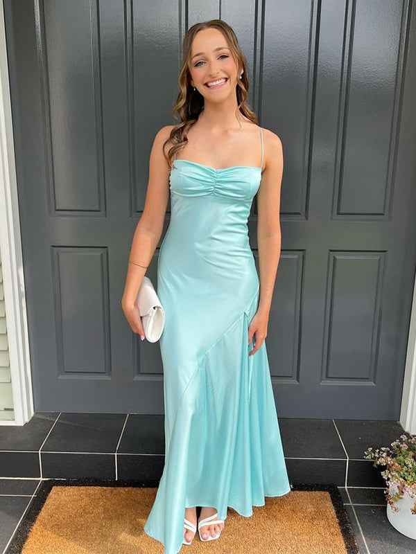 Yellow A Line Spaghetti Straps Silk Long Prom Dress with Slit