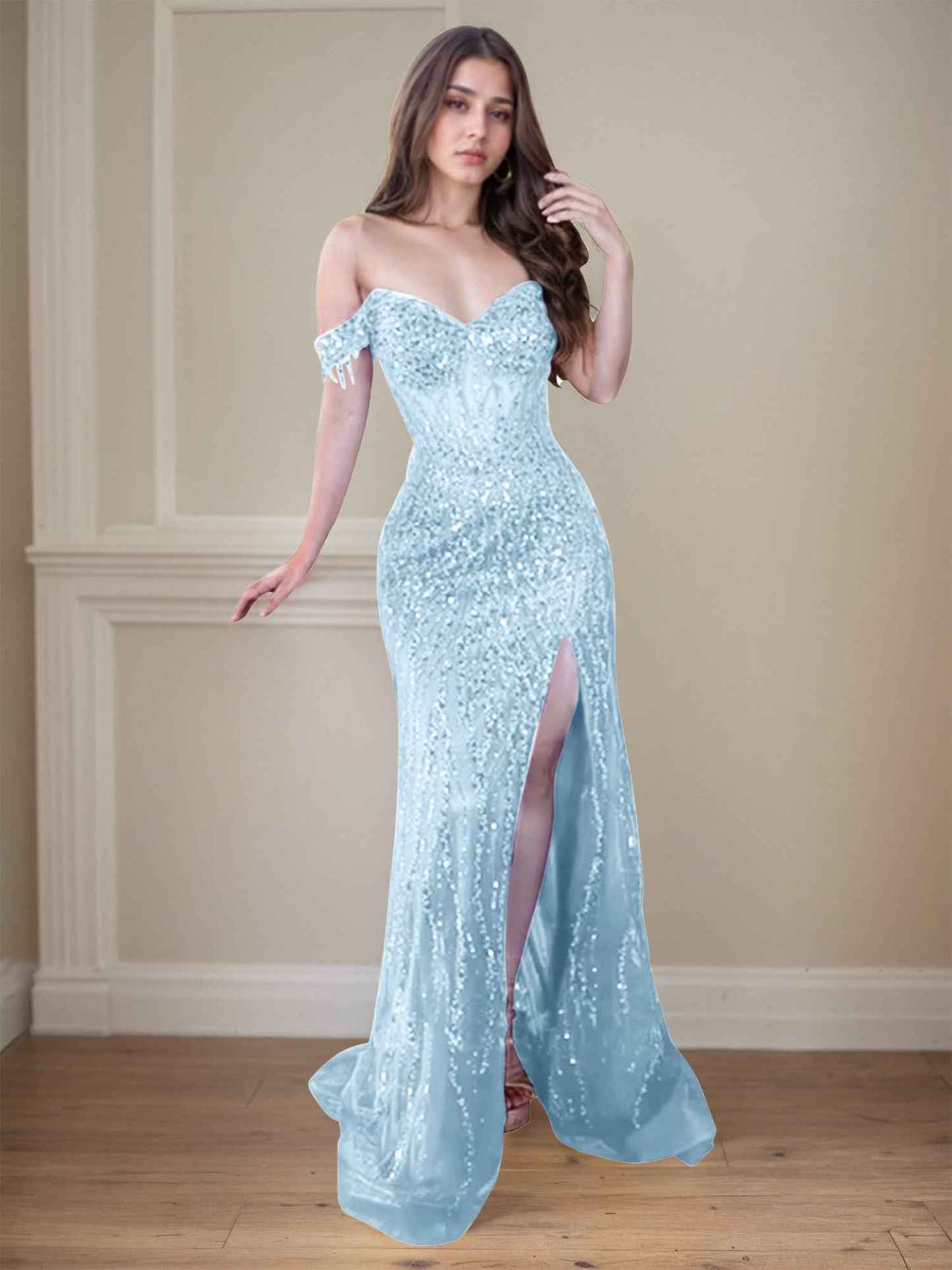 Red Off-the-Shoulder Beaded Tulle Long Prom Dress with Swirling Sequins