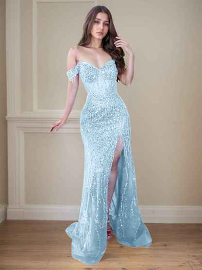 Red Off-the-Shoulder Beaded Tulle Long Prom Dress with Swirling Sequins