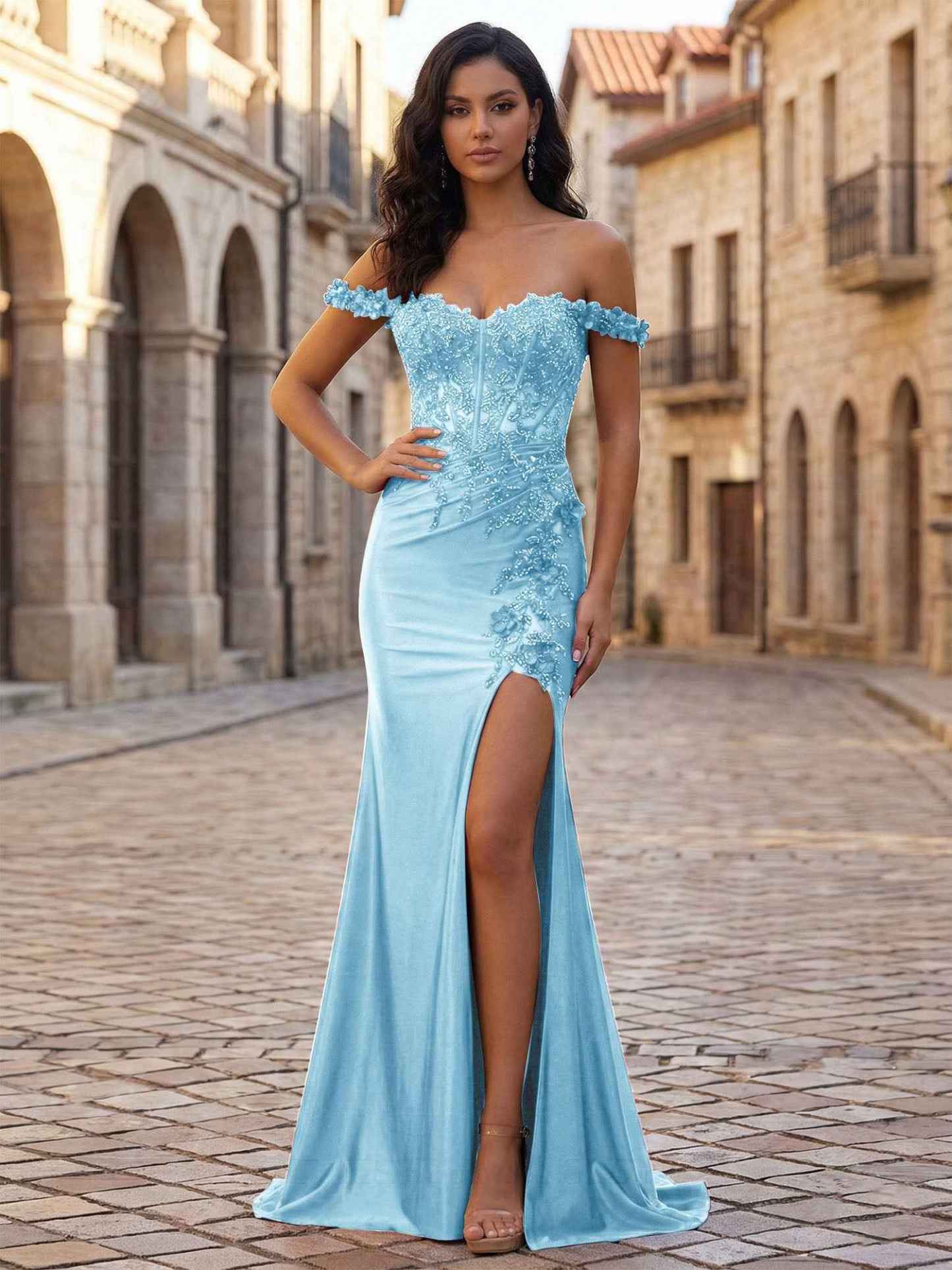 Mermaid Off-The-Shoulder Floral Corset Long Prom Dress with Slit