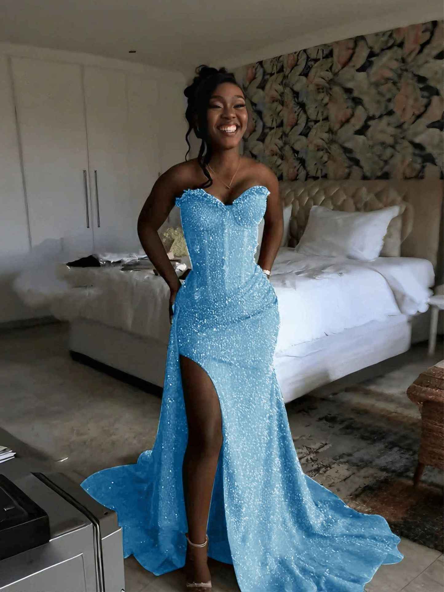 Glitter Strapless Mermaid Sequined Long Prom Dress with Slit