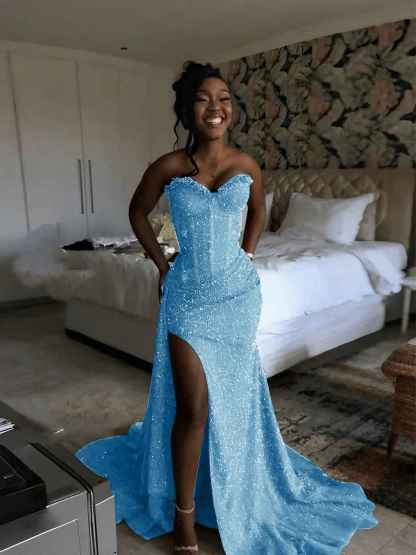 Glitter Strapless Mermaid Sequined Long Prom Dress with Slit