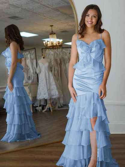 Yellow Mermaid Ruffle Chiffon Long Prom Dress with Flower