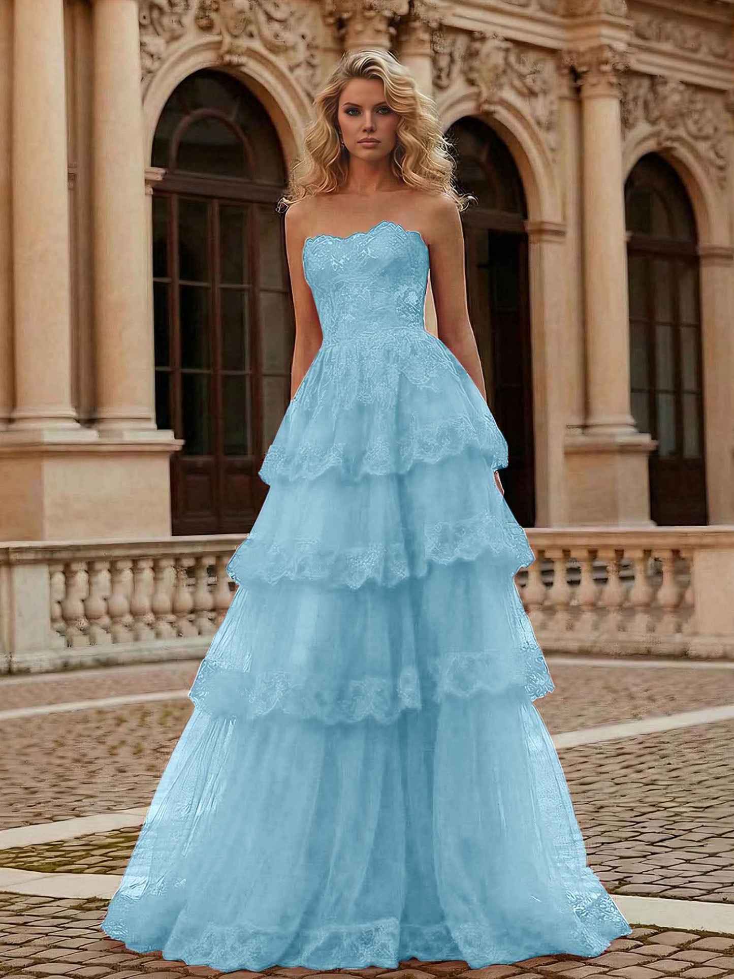 Red Tiered Tulle Strapless Lace Bodice A-Line Long Prom Dress