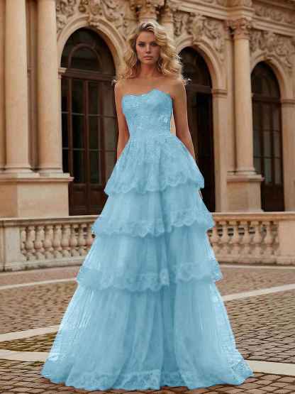 Red Tiered Tulle Strapless Lace Bodice A-Line Long Prom Dress