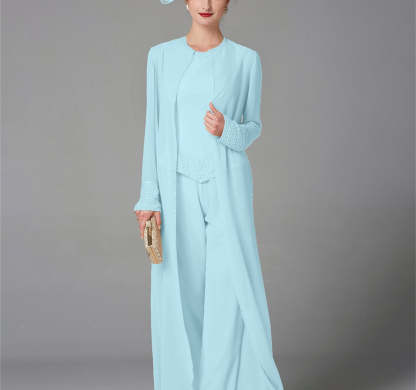 Long-Sleeve Chiffon Mother of the Bride Pantsuit with Jacket and Sequins-BMbridal