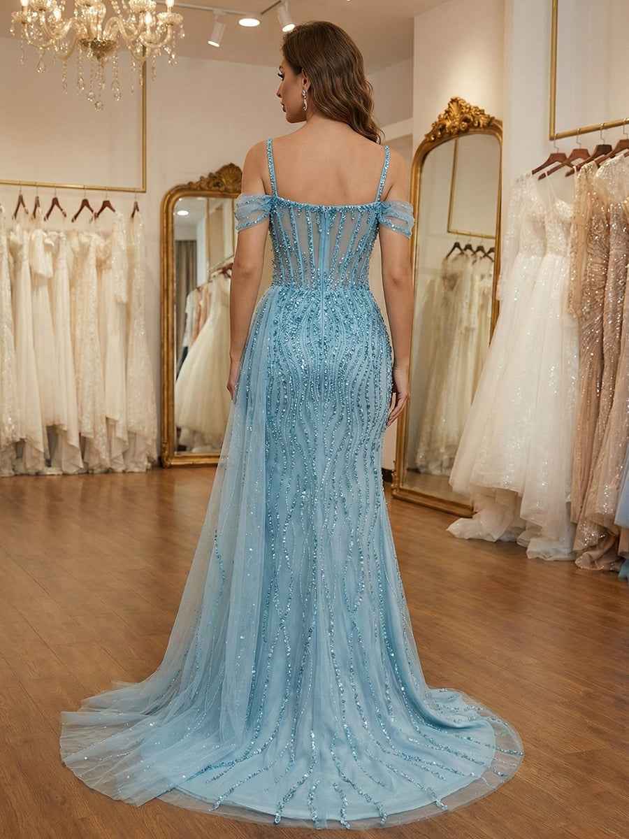Sky Blue Beaded Tulle Long Corset Prom Dress with Slit
