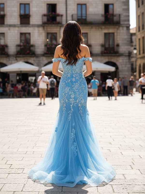 Sky Blue Floral Off-Shoulder Sweetheart Mermaid Prom Dress