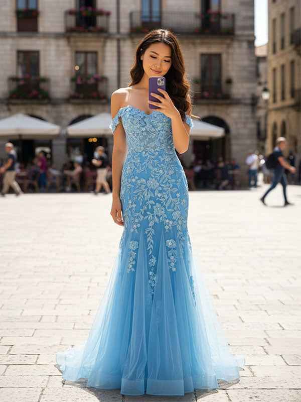 Sky Blue Floral Off-Shoulder Sweetheart Mermaid Prom Dress